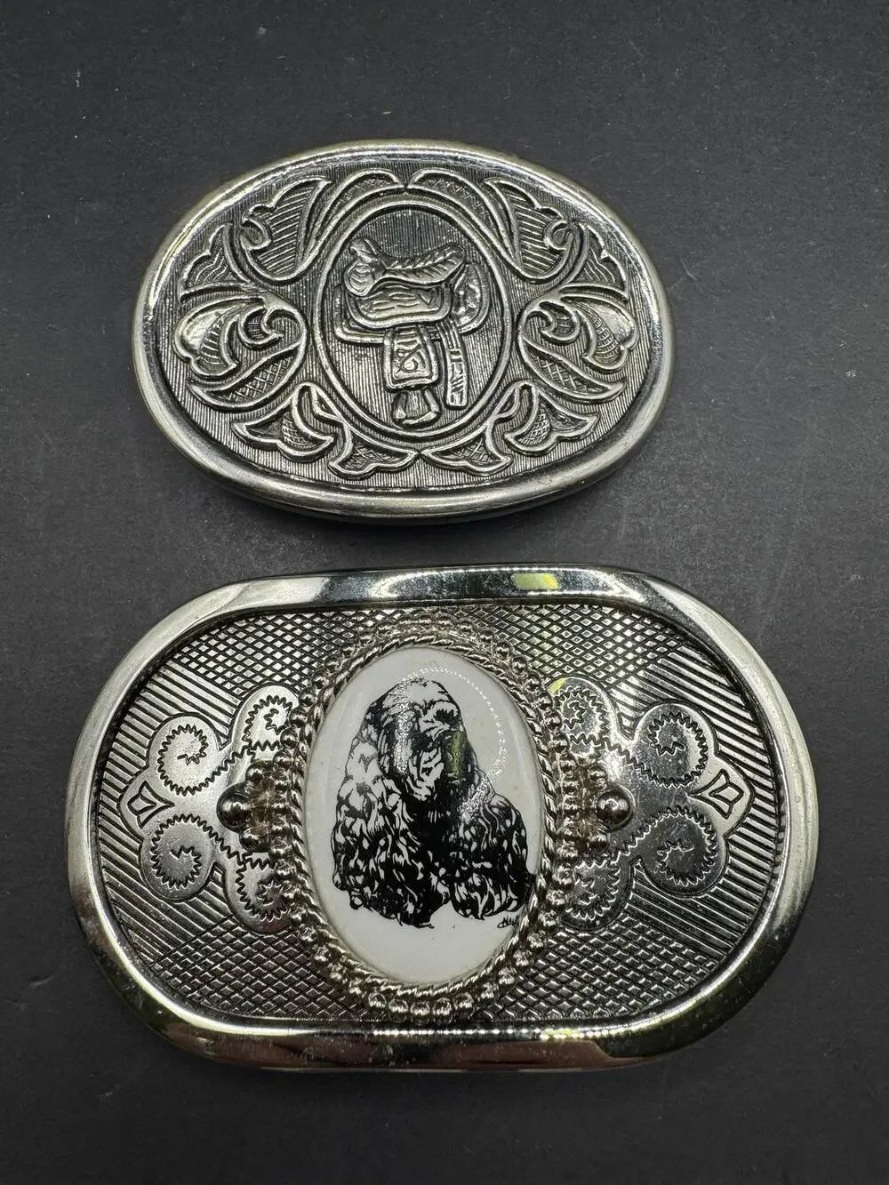 Lot of 2 Vintage Avon Silver Tone Belt Buckles Saddle and Dog Portrait Design